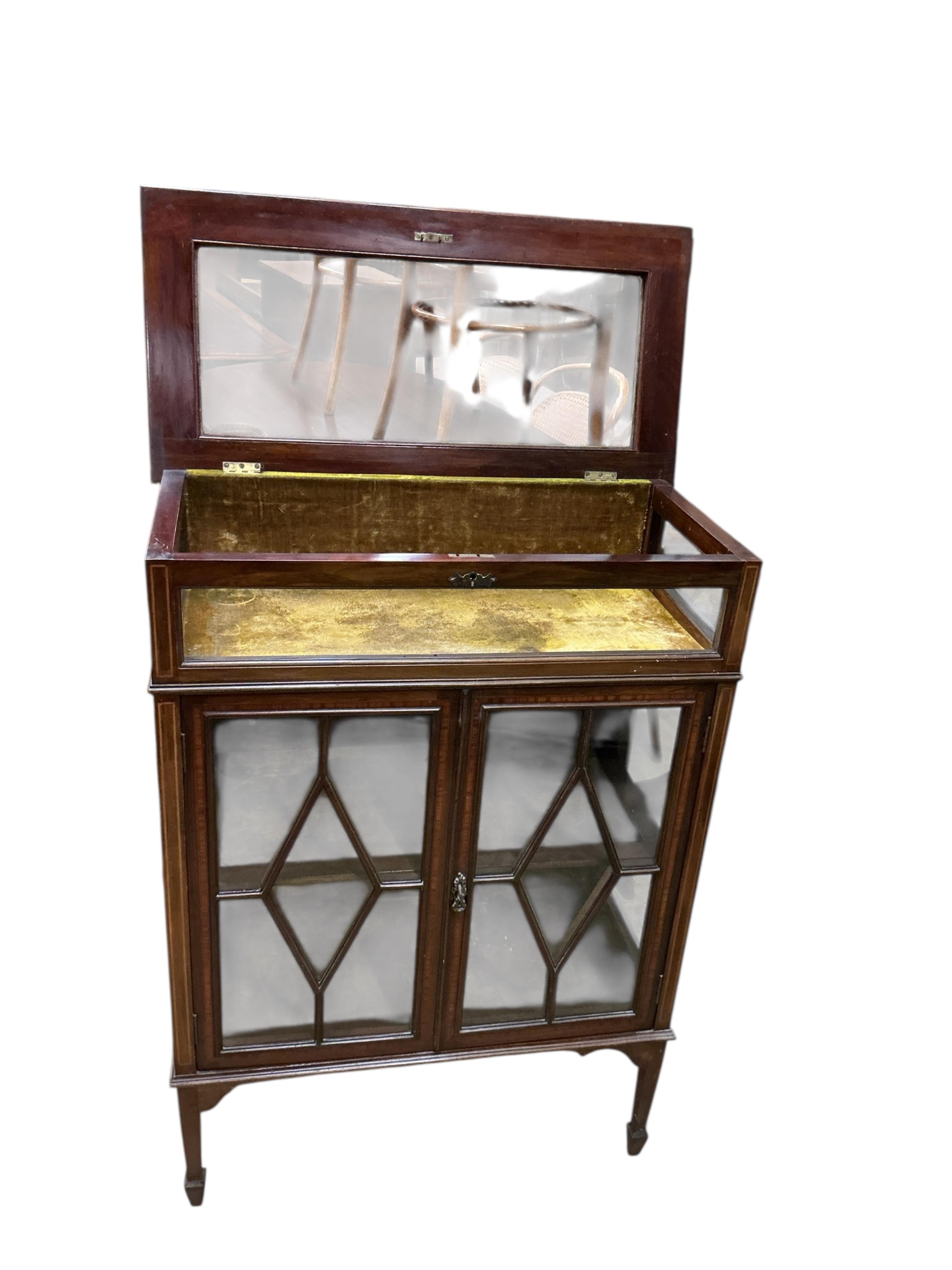 An Edwardian satinwood banded mahogany bijouterie cabinet, width 76cm, depth 38cm, height 107cm